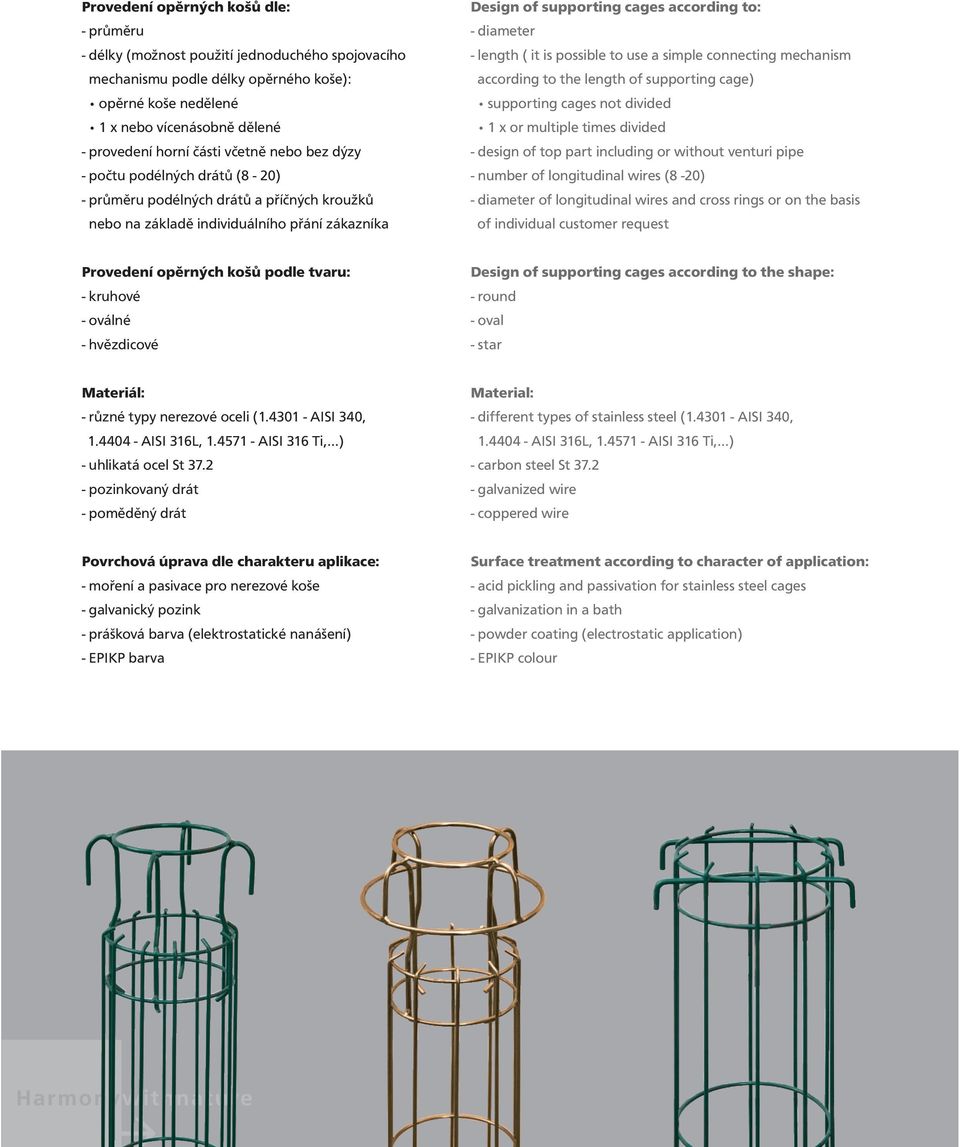 provedení horní části včetně nebo bez dýzy - design of top part including or without venturi pipe - počtu podélných drátů (8-20) - number of longitudinal wires (8-20) - průměru podélných drátů a