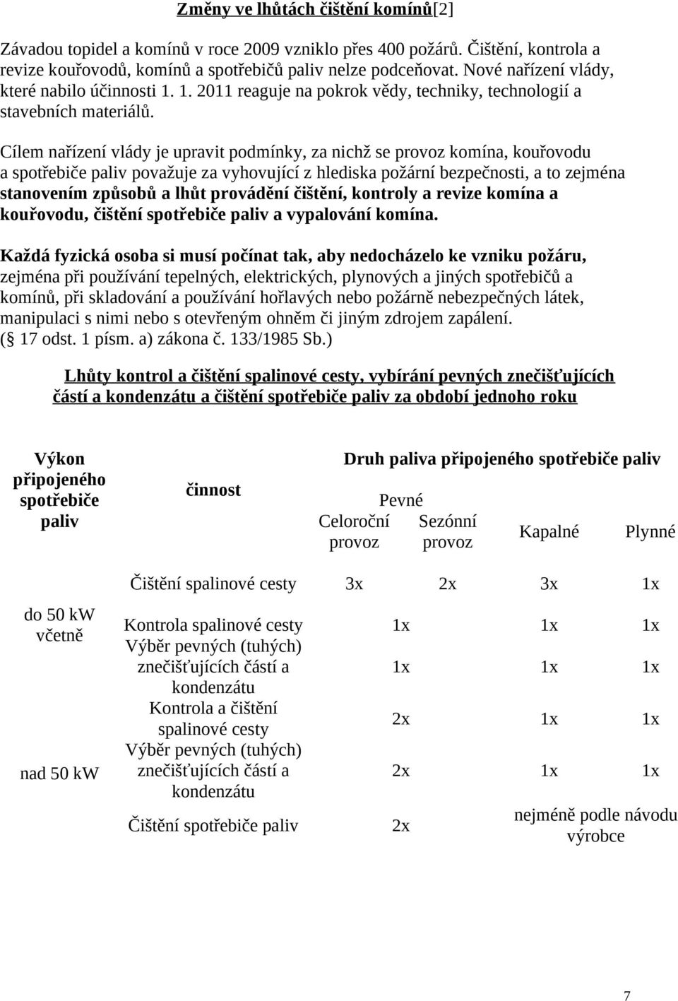 Cílem nařízení vlády je upravit podmínky, za nichž se provoz komína, kouřovodu a spotřebiče paliv považuje za vyhovující z hlediska požární bezpečnosti, a to zejména stanovením způsobů a lhůt