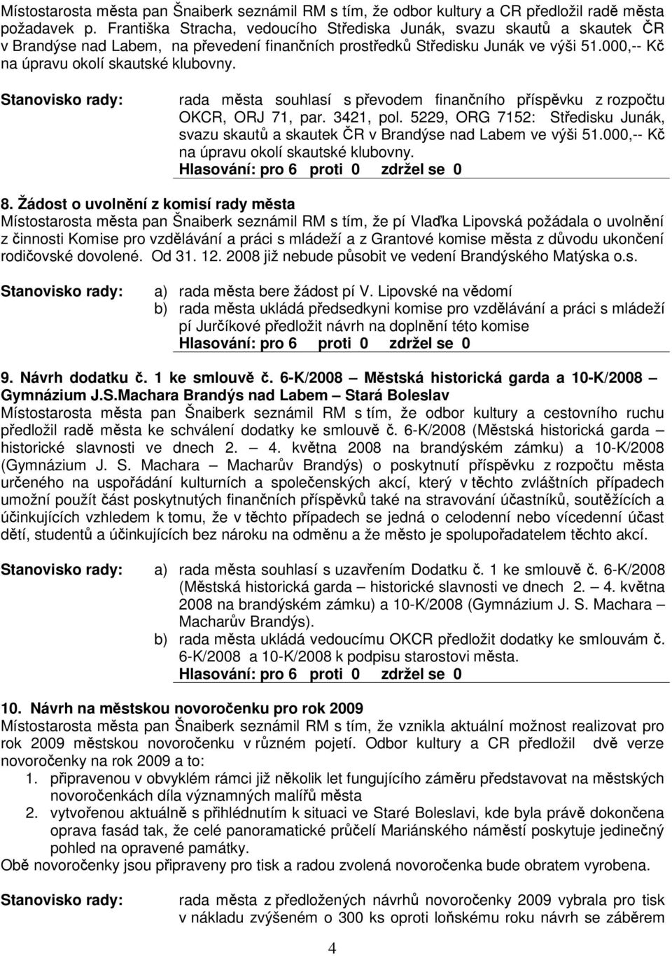 rada msta souhlasí s pevodem finanního píspvku z rozpotu OKCR, ORJ 71, par. 3421, pol. 5229, ORG 7152: Stedisku Junák, svazu skaut a skautek R v Brandýse nad Labem ve výši 51.