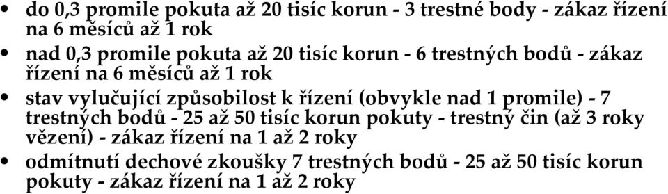 (obvykle nad 1 promile) - 7 trestných bodů - 25 až 50 tisíc korun pokuty - trestný čin (až 3 roky vězení) - zákaz