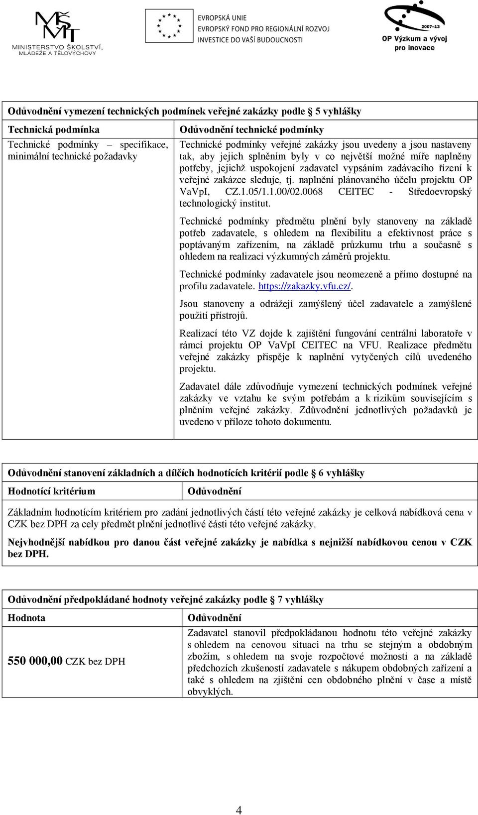 zakázce sleduje, tj. naplnění plánovaného účelu projektu OP VaVpI, CZ.1.05/1.1.00/02.0068 CEITEC - Středoevropský technologický institut.