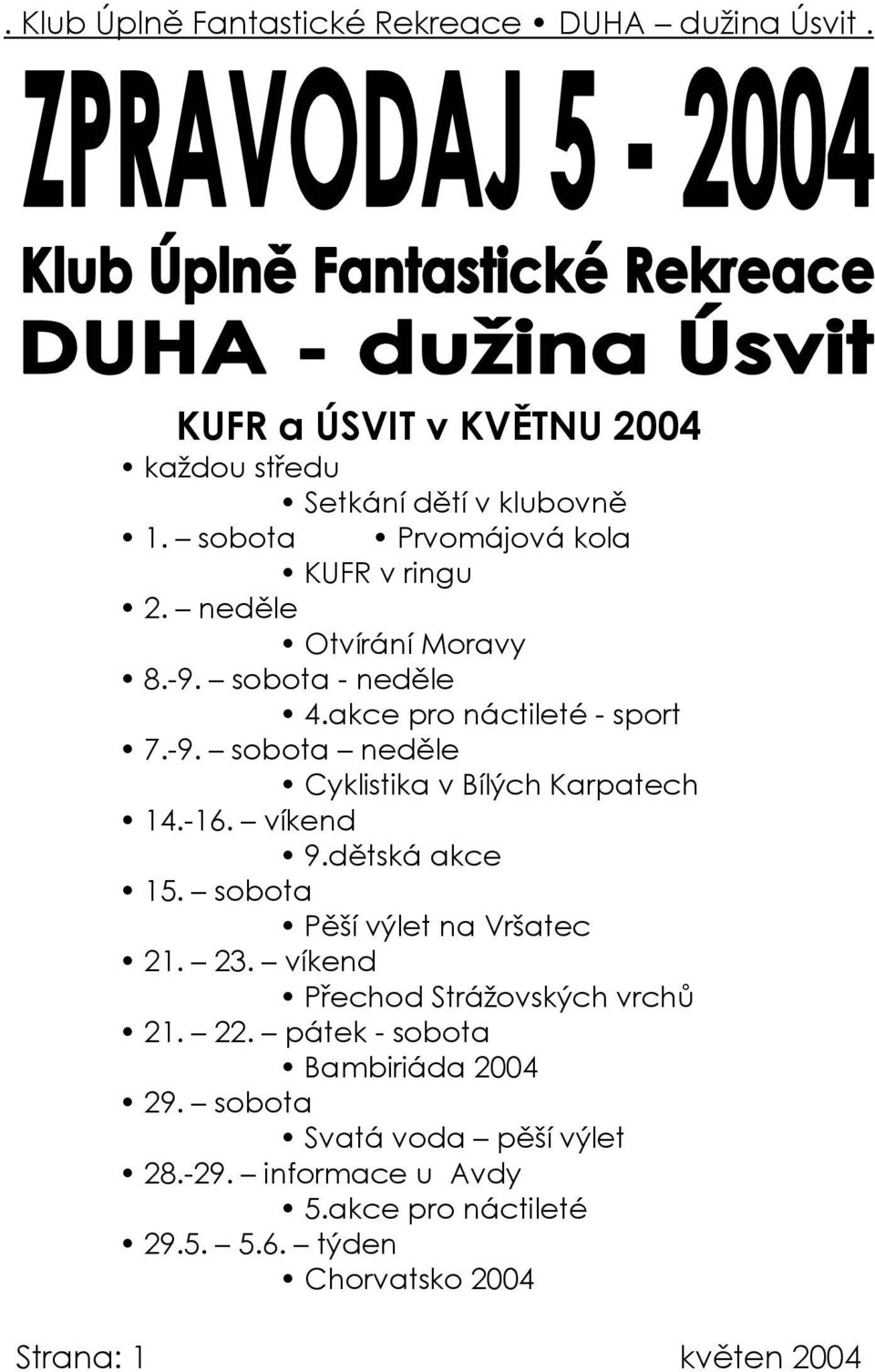 -16. víkend 9.dětská akce 15. sobota Pěší výlet na Vršatec 21. 23. víkend Přechod Strážovských vrchů 21. 22.