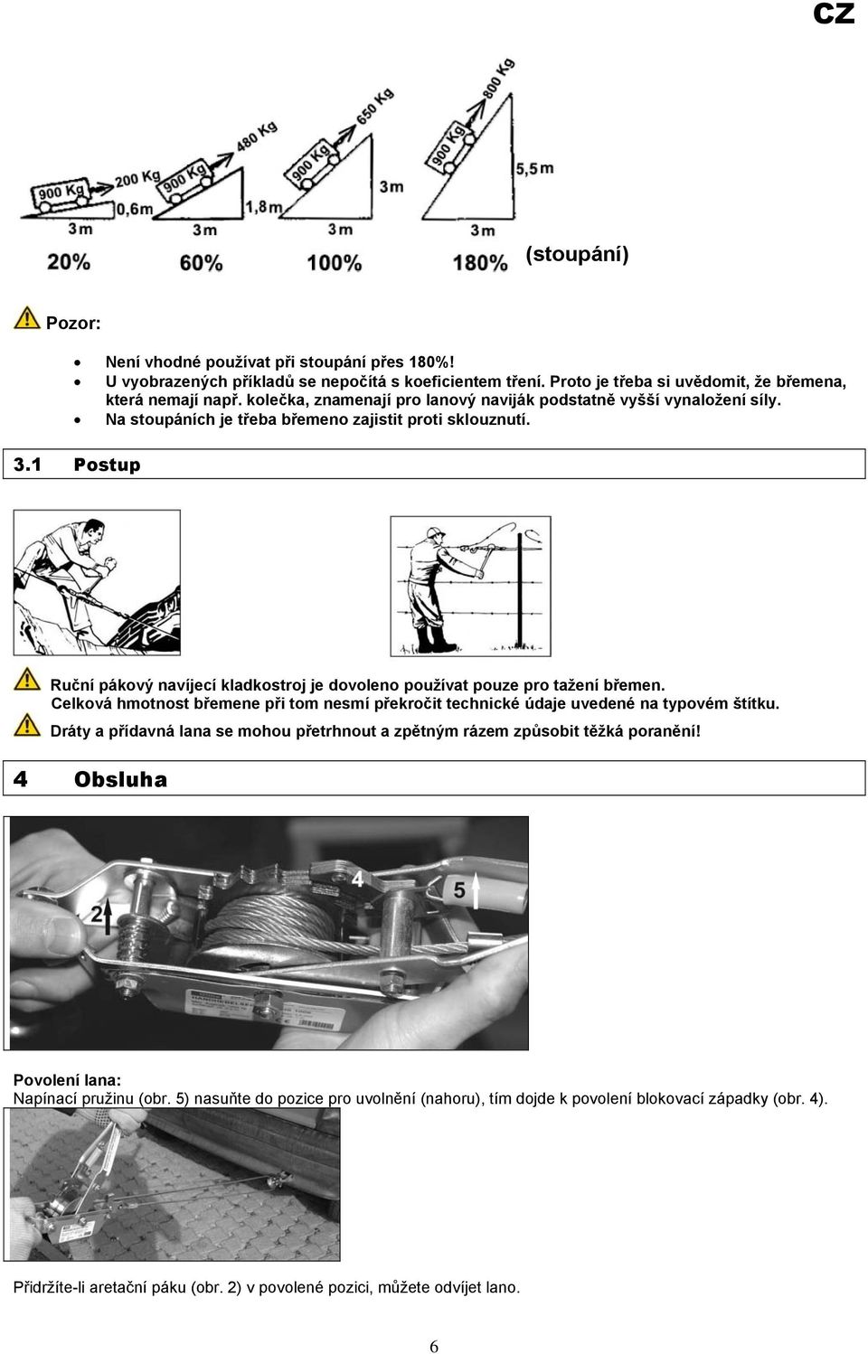 1 Postup Ruční pákový navíjecí kladkostroj je dovoleno používat pouze pro tažení břemen. Celková hmotnost břemene při tom nesmí překročit technické údaje uvedené na typovém štítku.