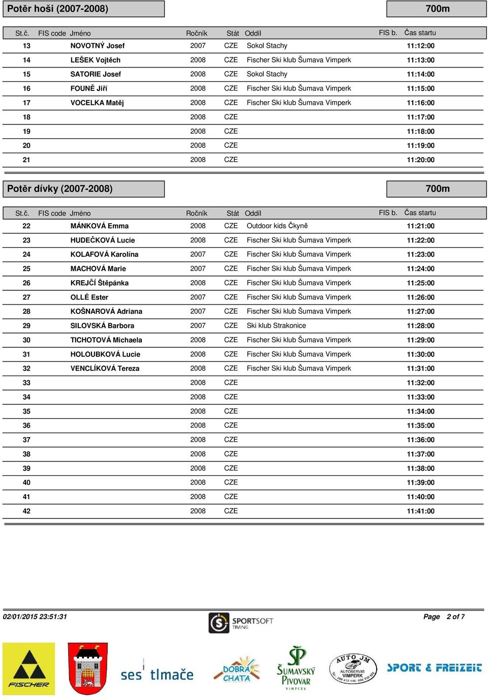 KOLAFOVÁ Karolína 11:23:00 25 MACHOVÁ Marie 11:24:00 26 KREJČÍ Štěpánka 11:25:00 27 OLLÉ Ester 11:26:00 28 KOŠNAROVÁ Adriana 11:27:00 29 SILOVSKÁ Barbora 2007 CZE Ski klub Strakonice 11:28:00 30