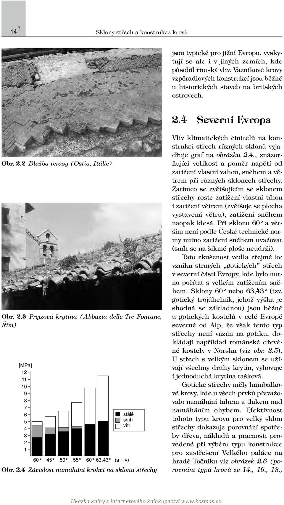 4 Severní Evropa Obr. 2.2 Dlažba terasy (Ostia, Itálie) Obr. 2.3 Prejzová krytina (Abbazia delle Tre Fontane, Řím) [MPa] 12 11 10 9 8 7 6 5 4 3 2 1 stálé sníh vítr 60 45 50 55 60 63,43 (a = v) Obr. 2.4 Závislost namáhání krokví na sklonu střechy Vliv klimatických činitelů na konstrukci střech různých sklonů vyjadřuje graf na obrázku 2.