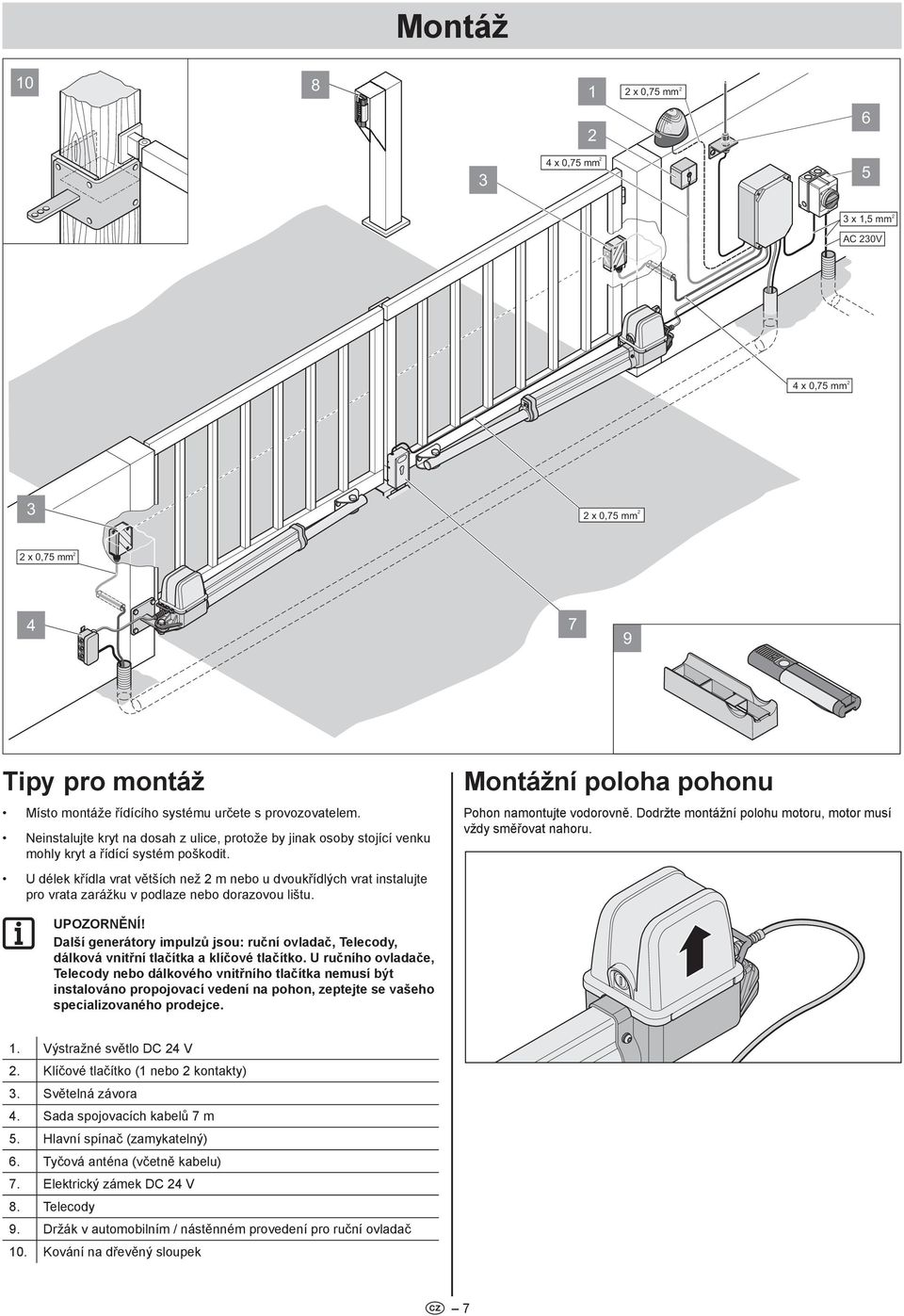 U délek křídla vrat větších než m nebo u dvoukřídlých vrat instalujte pro vrata zarážku v podlaze nebo dorazovou lištu. Montážní poloha pohonu Pohon namontujte vodorovně.