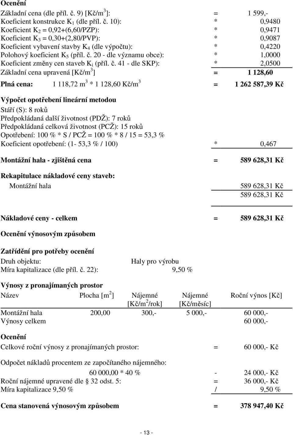 10): * 0,9480 Koeficient K 2 = 0,92+(6,60/PZP): * 0,9471 Koeficient K 3 = 0,30+(2,80/PVP): * 0,9087 Koeficient vybavení stavby K 4 (dle výpočtu): * 0,4220 Koeficient změny cen staveb K i (příl. č.