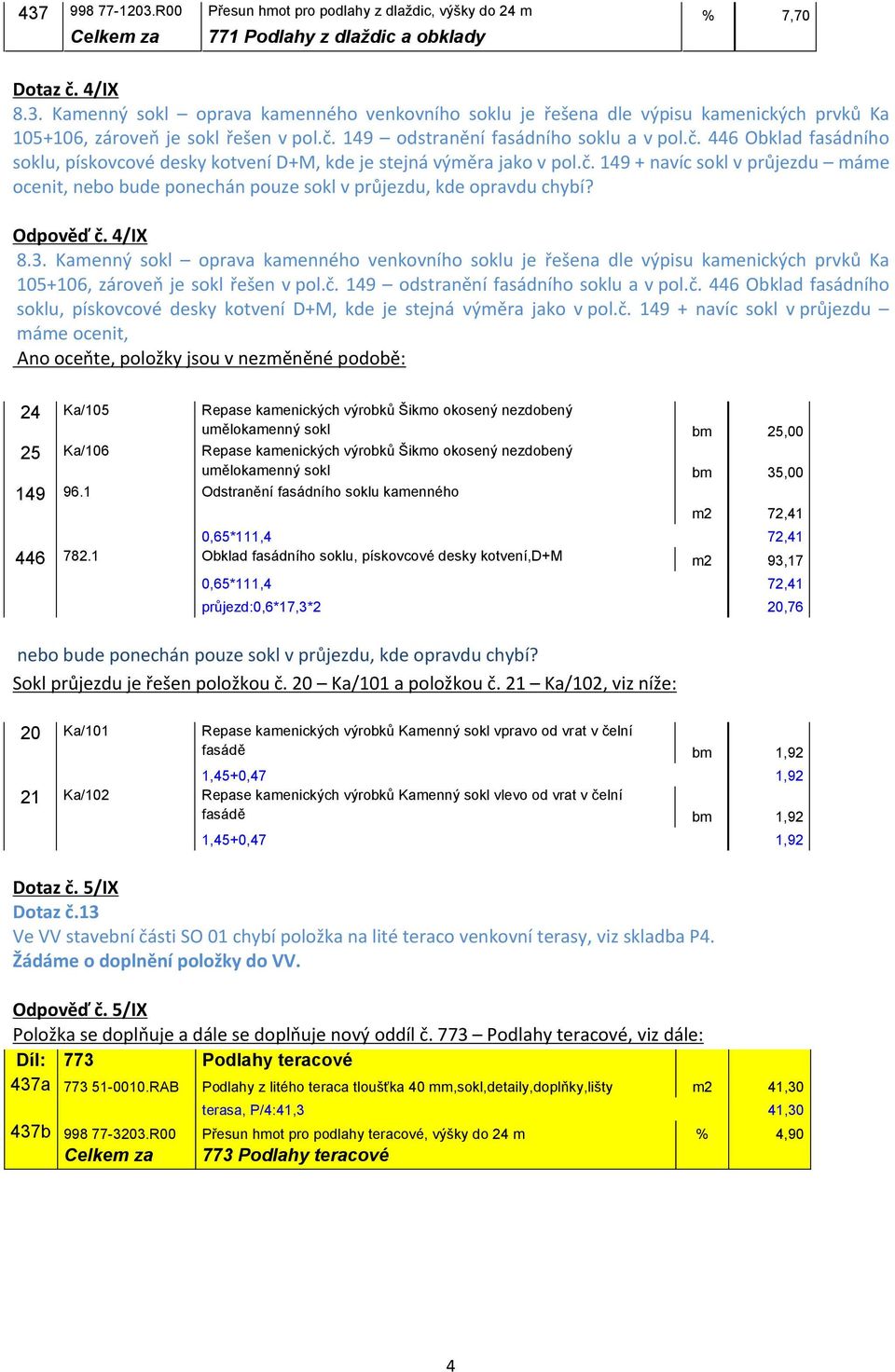 Odpověď č. 4/IX 8.3. Kamenný sokl oprava kamenného venkovního soklu je řešena dle výpisu kamenických prvků Ka 105+106, zároveň je sokl řešen v pol.č. 149 odstranění fasádního soklu a v pol.č. 446 Obklad fasádního soklu, pískovcové desky kotvení D+M, kde je stejná výměra jako v pol.