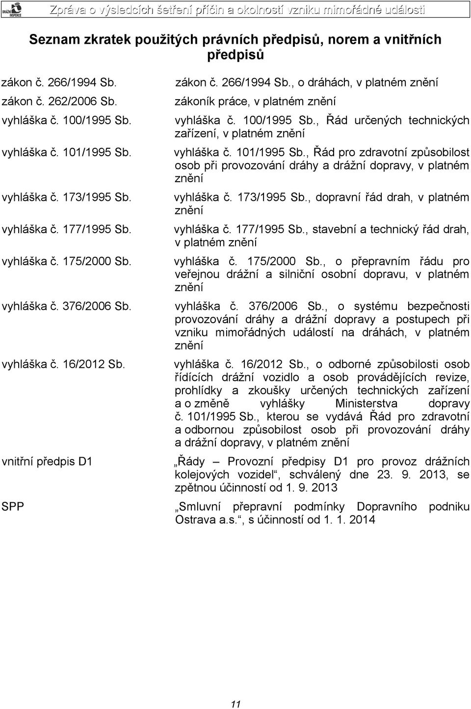 , o dráhách, v platném znění zákoník práce, v platném znění vyhláška č. 100/1995 Sb., Řád určených technických zařízení, v platném znění vyhláška č. 101/1995 Sb.