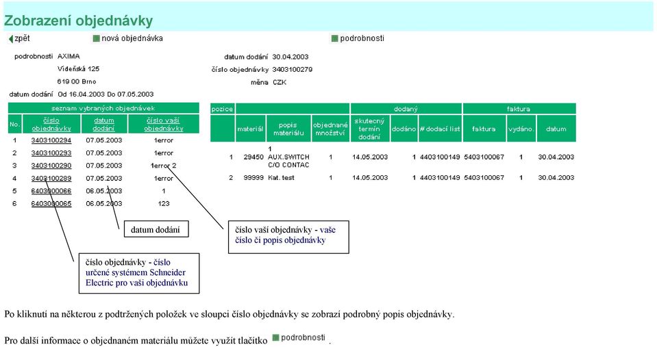 objednávku Po kliknutí na některou z podtržených položek ve sloupci číslo objednávky