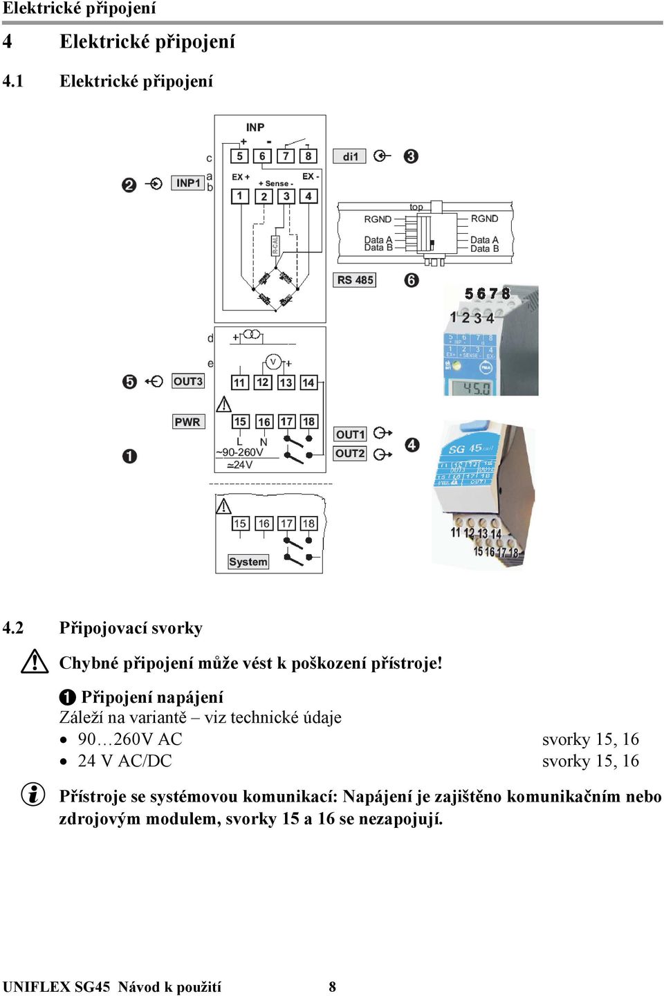 1 Připojení napájení Záleží na variantě viz technické údaje 90 260V AC svorky 15, 16 24 V AC/DC svorky