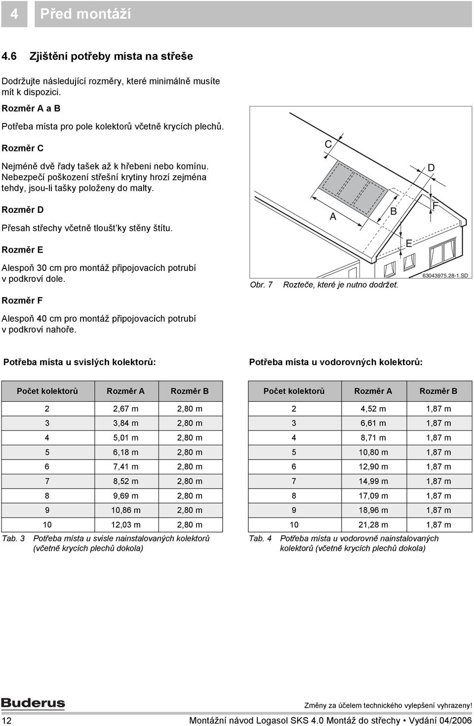 Rozměr D Přesah střechy včetně tloušt ky stěny štítu. Rozměr E Alespoň 0 cm pro montáž připojovacích potrubí v podkroví dole. Obr. 7 Rozteče, které je nutno dodržet. 604975.8-.