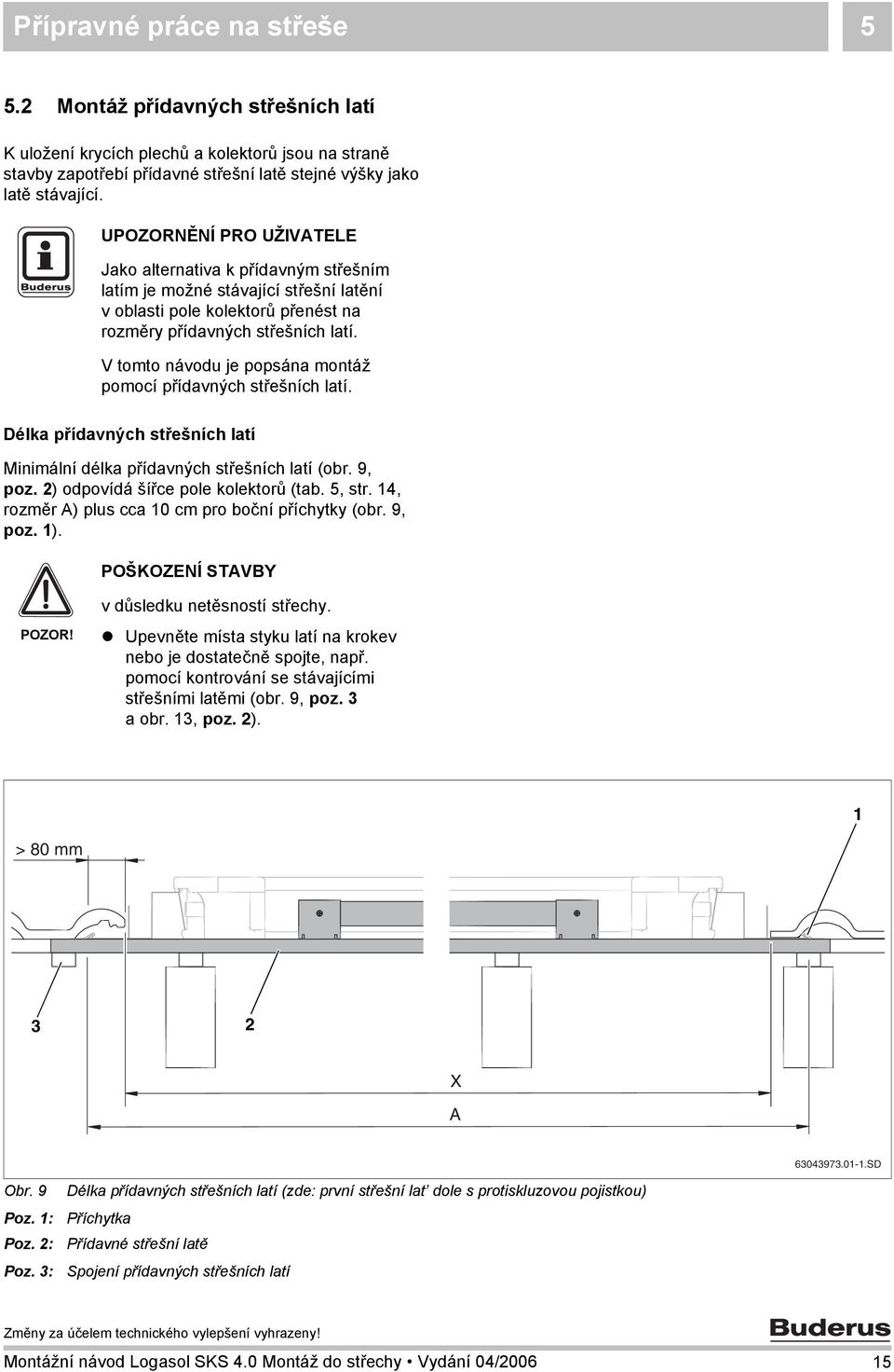 V tomto návodu je popsána montáž pomocí přídavných střešních latí. Délka přídavných střešních latí Minimální délka přídavných střešních latí (obr. 9, poz. ) odpovídá šířce pole kolektorů (tab. 5, str.