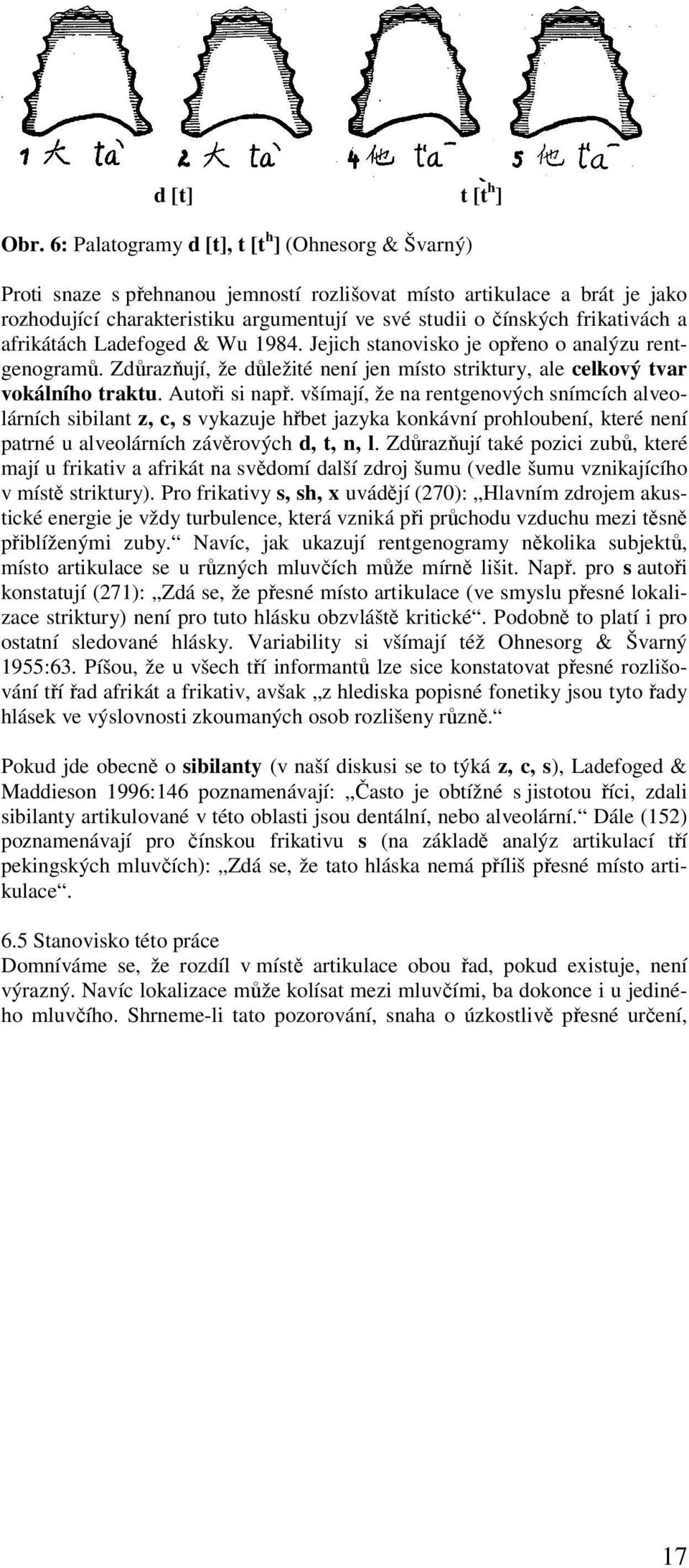 frikativách a afrikátách Ladefoged & Wu 1984. Jejich stanovisko je opřeno o analýzu rentgenogramů. Zdůrazňují, že důležité není jen místo striktury, ale celkový tvar vokálního traktu. Autoři si např.