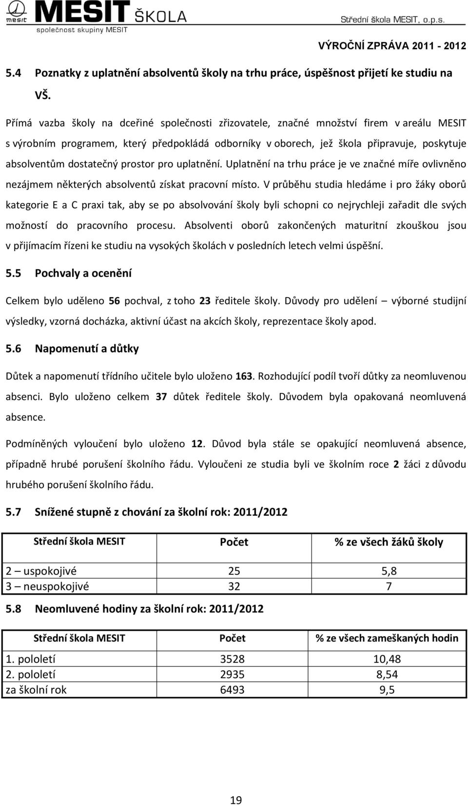 dostatečný prostor pro uplatnění. Uplatnění na trhu práce je ve značné míře ovlivněno nezájmem některých absolventů získat pracovní místo.