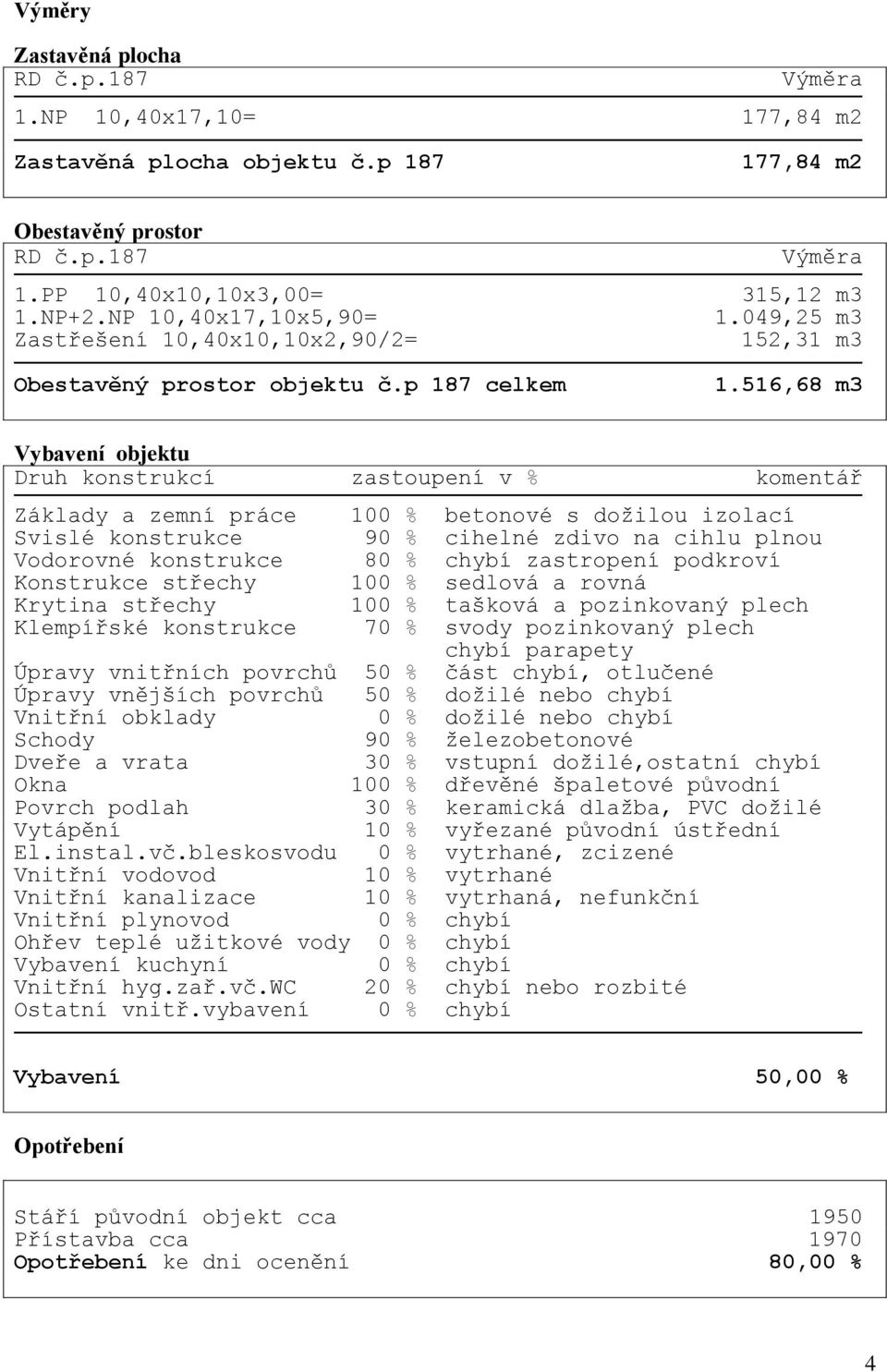 516,68 m3 Vybavení objektu Druh konstrukcí zastoupení v % komentář Základy a zemní práce 100 % betonové s dožilou izolací Svislé konstrukce 90 % cihelné zdivo na cihlu plnou Vodorovné konstrukce 80 %