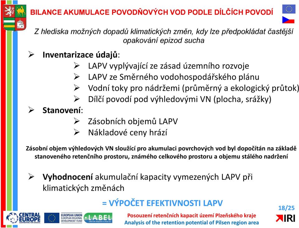 (plocha, srážky) Stanovení: Zásobních objemů LAPV Nákladové ceny hrází Zásobní objem výhledových VN sloužící pro akumulaci povrchových vod byl dopočítán na základě