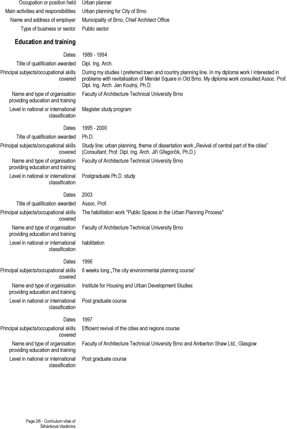 Principal subjects/occupational skills During my studies I preferred town and country planning line. In my diploma work I interested in problems with revitalisation of Mendel Square in Old Brno.