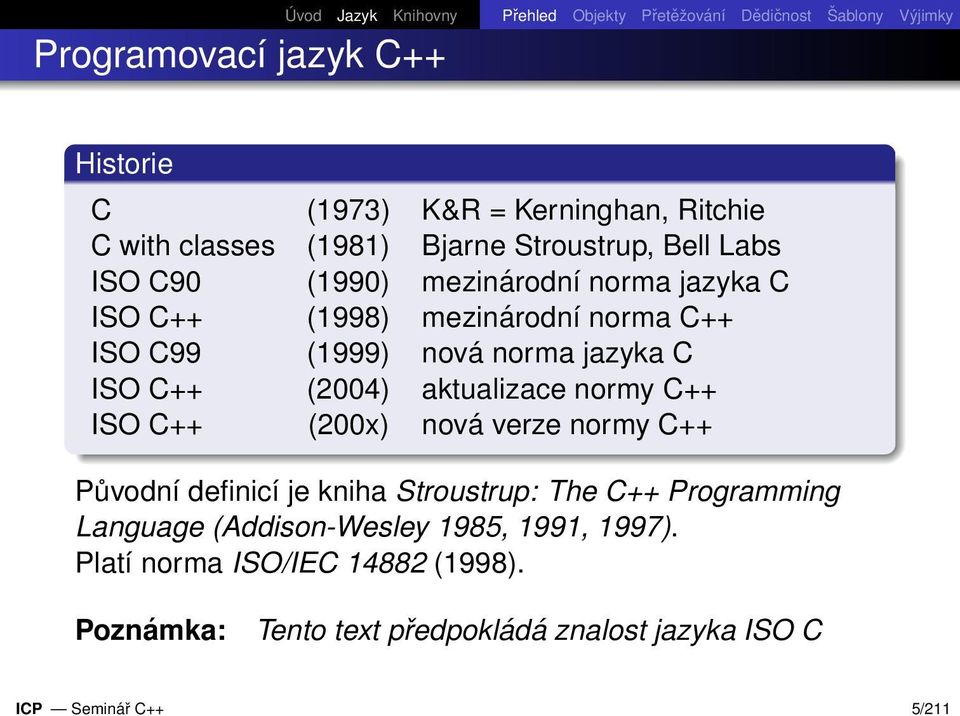 jazyka C ISO C++ (2004) aktualizace normy C++ ISO C++ (200x) nová verze normy C++ Původní definicí je kniha Stroustrup: The C++