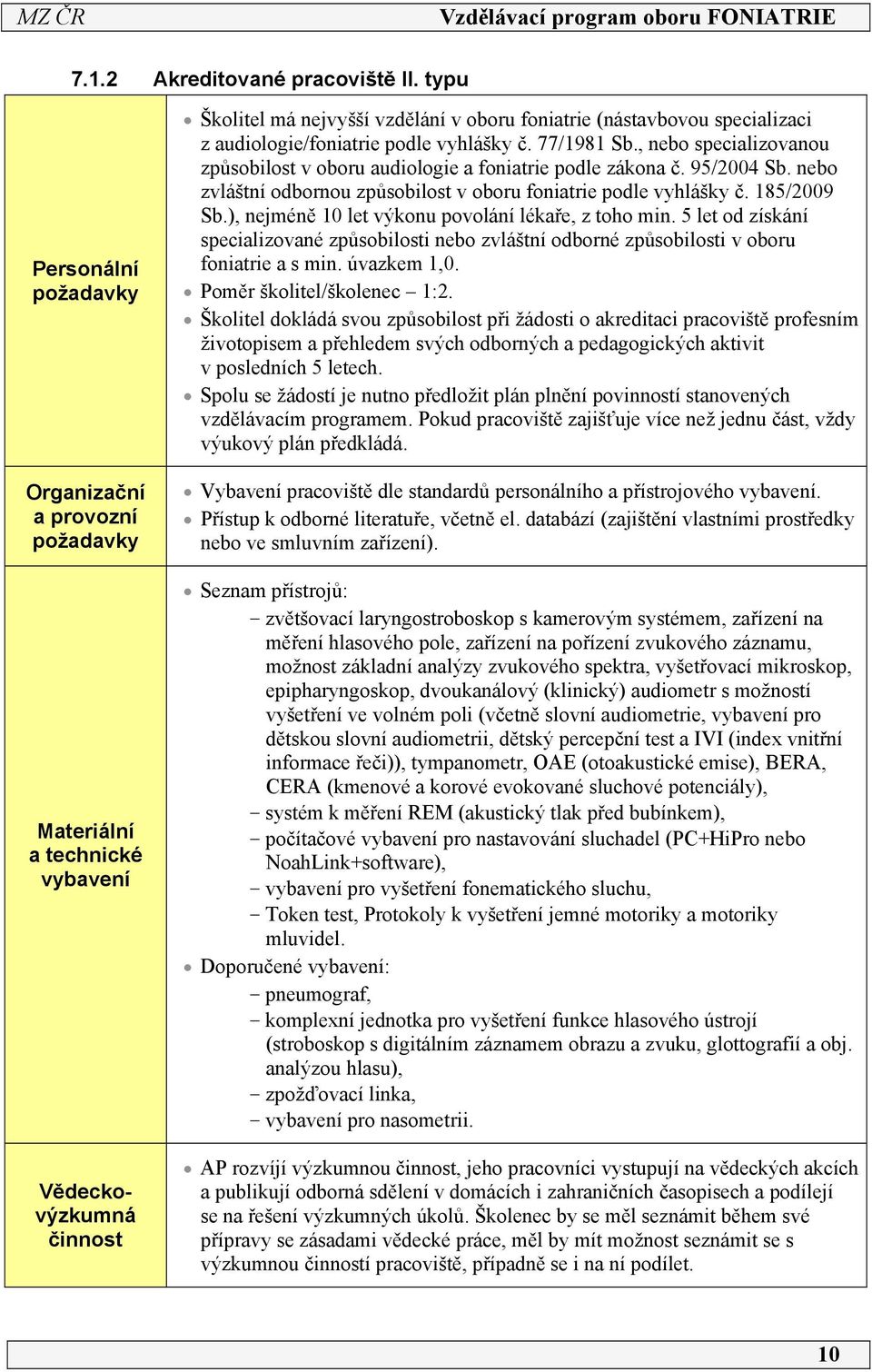 audiologie/foniatrie podle vyhlášky č. 77/98 Sb., nebo specializovanou způsobilost v oboru audiologie a foniatrie podle zákona č. 95/2004 Sb.