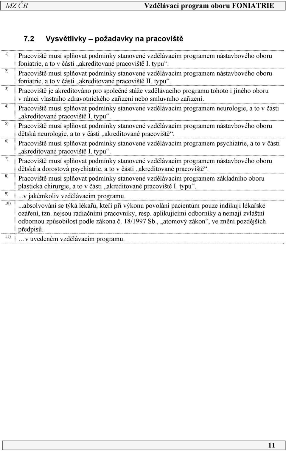 Pracoviště musí splňovat podmínky stanovené vzdělávacím programem neurologie, a to v části akreditované pracoviště I. typu.