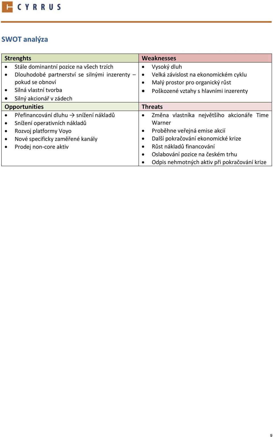 Vysoký dluh Velká závislost na ekonomickém cyklu Malý prostor pro organický růst Poškozené vztahy s hlavními inzerenty Threats Změna vlastníka největšího akcionáře Time