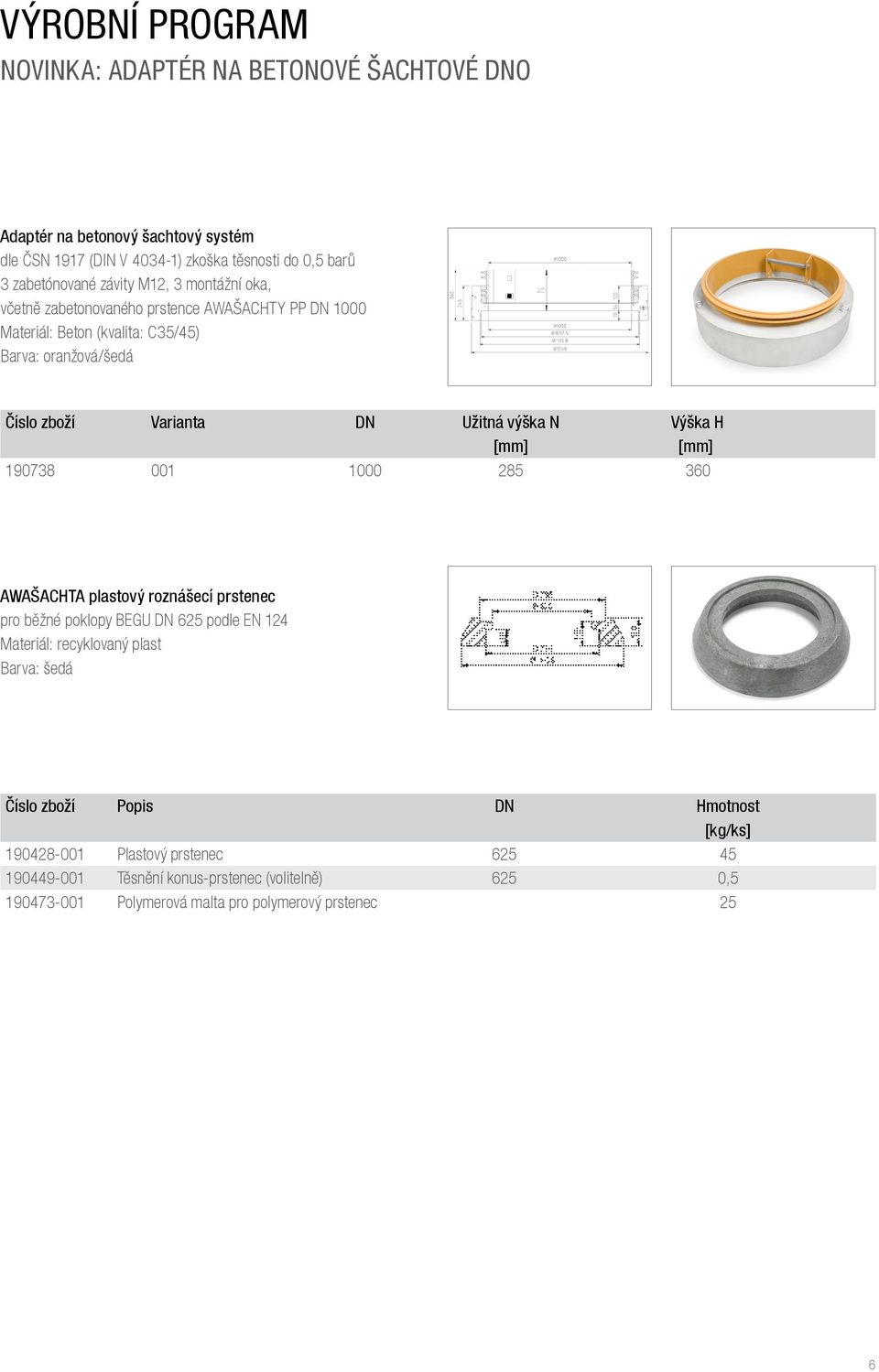 Výška H [mm] [mm] 190738 001 1000 285 360 AWAŠACHTA plastový roznášecí prstenec pro běžné poklopy BEGU DN 625 podle EN 124 Materiál: recyklovaný plast Barva: šedá Číslo