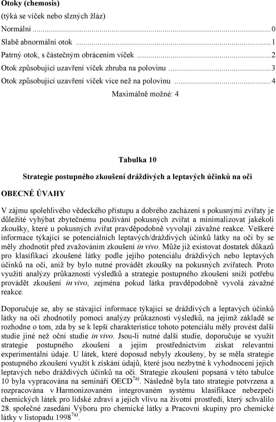 ..4 Maximálně možné: 4 Tabulka 10 Strategie postupného zkoušení dráždivých a leptavých účinků na oči OBECNÉ ÚVAHY V zájmu spolehlivého vědeckého přístupu a dobrého zacházení s pokusnými zvířaty je