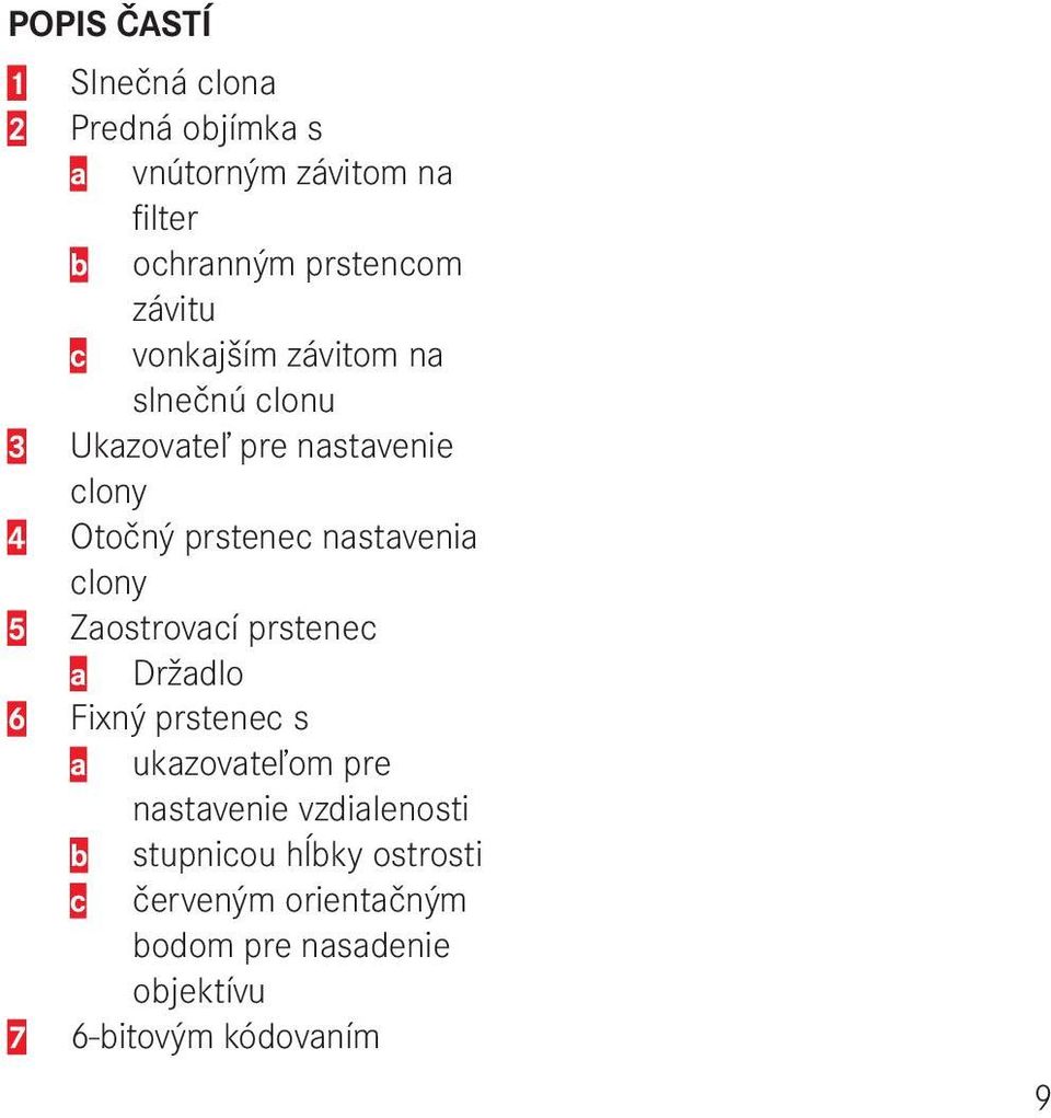 nastavenia clony 5 Zaostrovací prstenec a Držadlo 6 Fixný prstenec s a ukazovateľom pre nastavenie