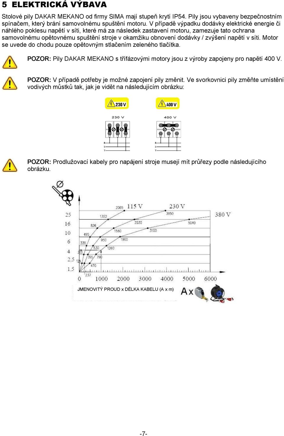 dodávky / zvýšení napětí v síti. Motor se uvede do chodu pouze opětovným stlačením zeleného tlačítka. POZOR: Pily DAKAR MEKANO s třífázovými motory jsou z výroby zapojeny pro napětí 400 V.