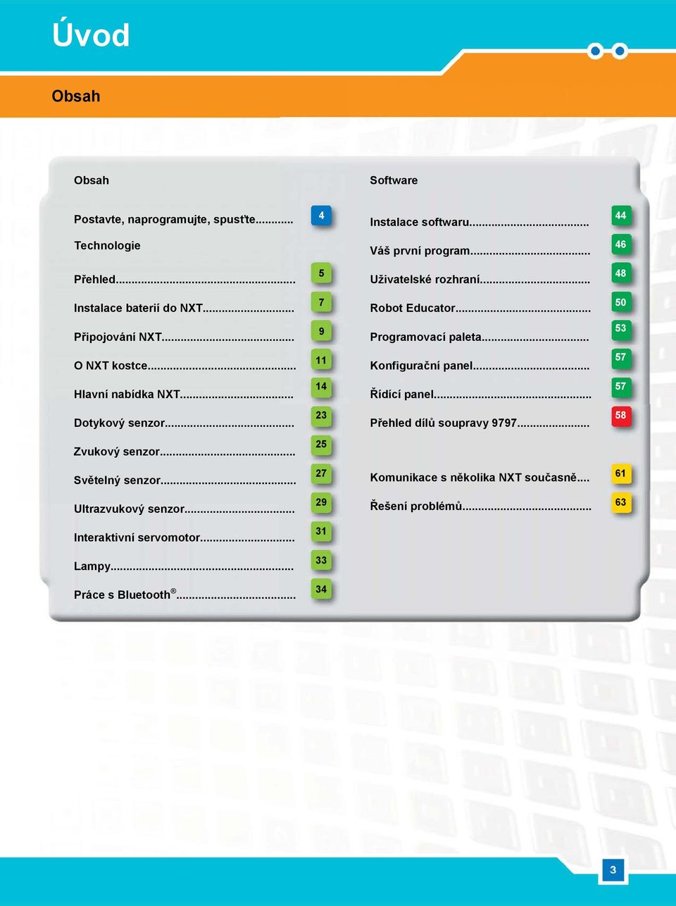 .. 11 Konfigurační panel... 57 Hlavní nabídka NXT... 14 Řídící panel... 57 Dotykový senzor... 23 Přehled dílů soupravy 9797... 58 Zvukový senzor.