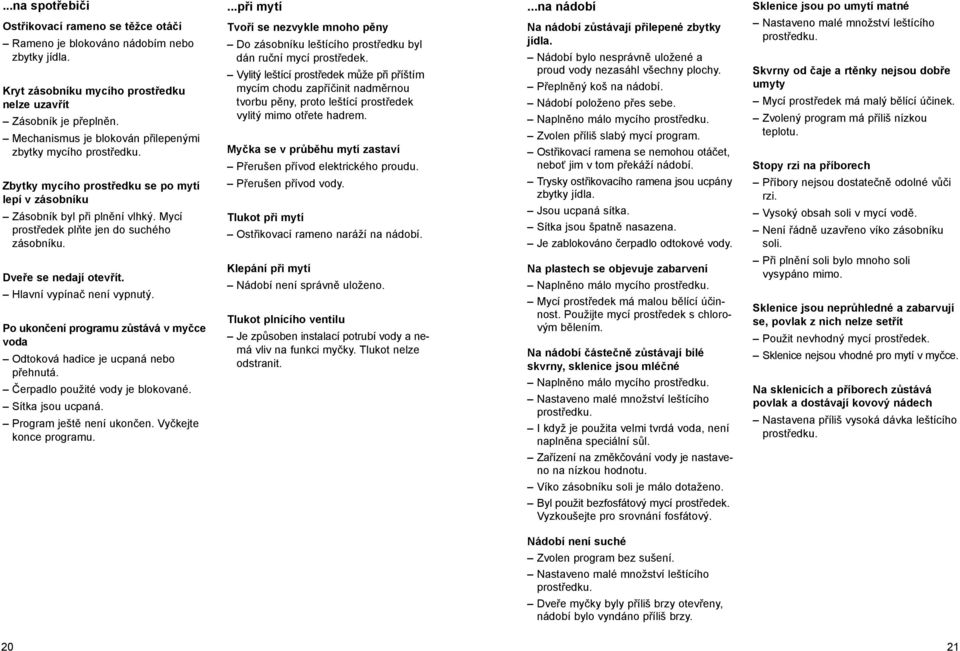 Mechanismus je blokován přilepenými zbytky mycího Zbytky mycího prostředku se po mytí lepí v zásobníku Zásobník byl při plnění vlhký. Mycí prostředek plňte jen do suchého zásobníku.