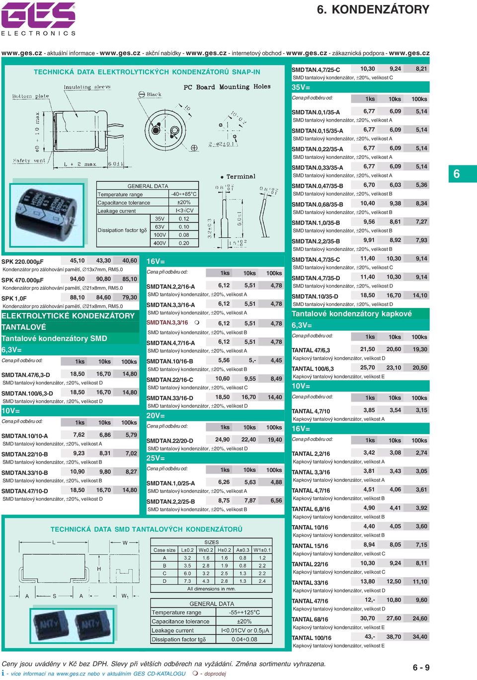 0 ELEKTROLYTICKÉ KONDENZÁTORY TANTALOVÉ Tantalové kondenzátory SMD,3V= TECHNICKÁ DATA ELEKTROLYTICKÝCH KONDENZÁTORŮ SNAP-IN SMD TAN.47/,3-D 18,50 1,70 14,80 SMD TAN.