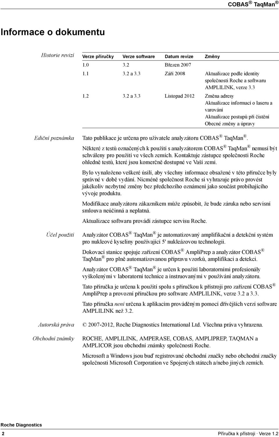 3 Listopad 2012 Změna adresy Aktualizace informací o laseru a varování Aktualizace postupů při čistění Obecné změny a úpravy Ediční poznámka Tato publikace je určena pro uživatele analyzátoru COBAS