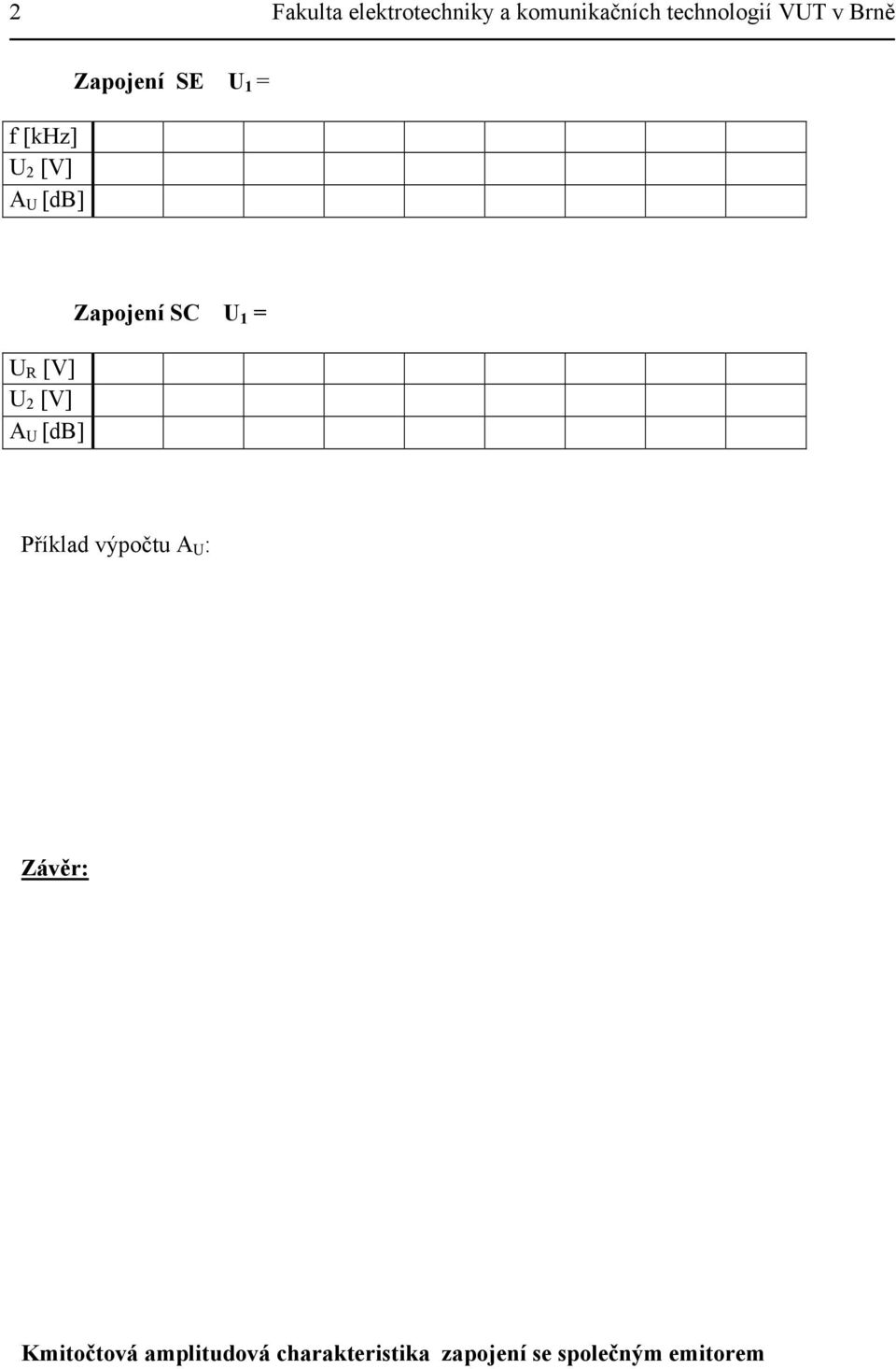 [V] A U [db] Zapojení SC U 1 = Příklad výpočtu A U : Závěr: