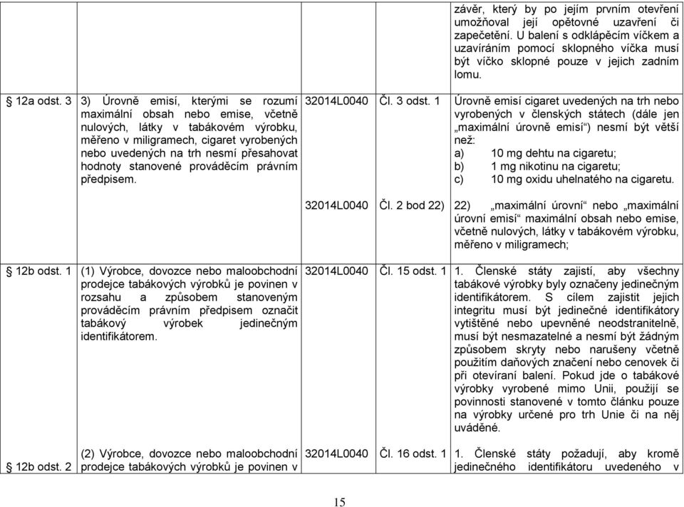 3 3) Úrovně emisí, kterými se rozumí maximální obsah nebo emise, včetně nulových, látky v tabákovém výrobku, měřeno v miligramech, cigaret vyrobených nebo uvedených na trh nesmí přesahovat hodnoty