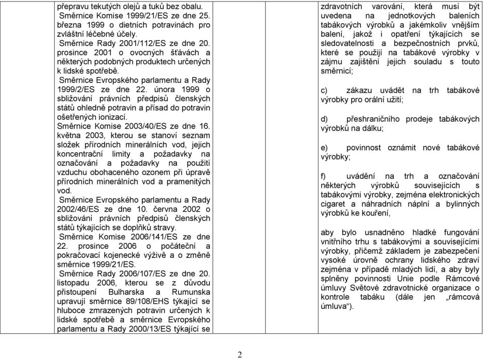 února 1999 o sbližování právních předpisů členských států ohledně potravin a přísad do potravin ošetřených ionizací. Směrnice Komise 2003/40/ES ze dne 16.