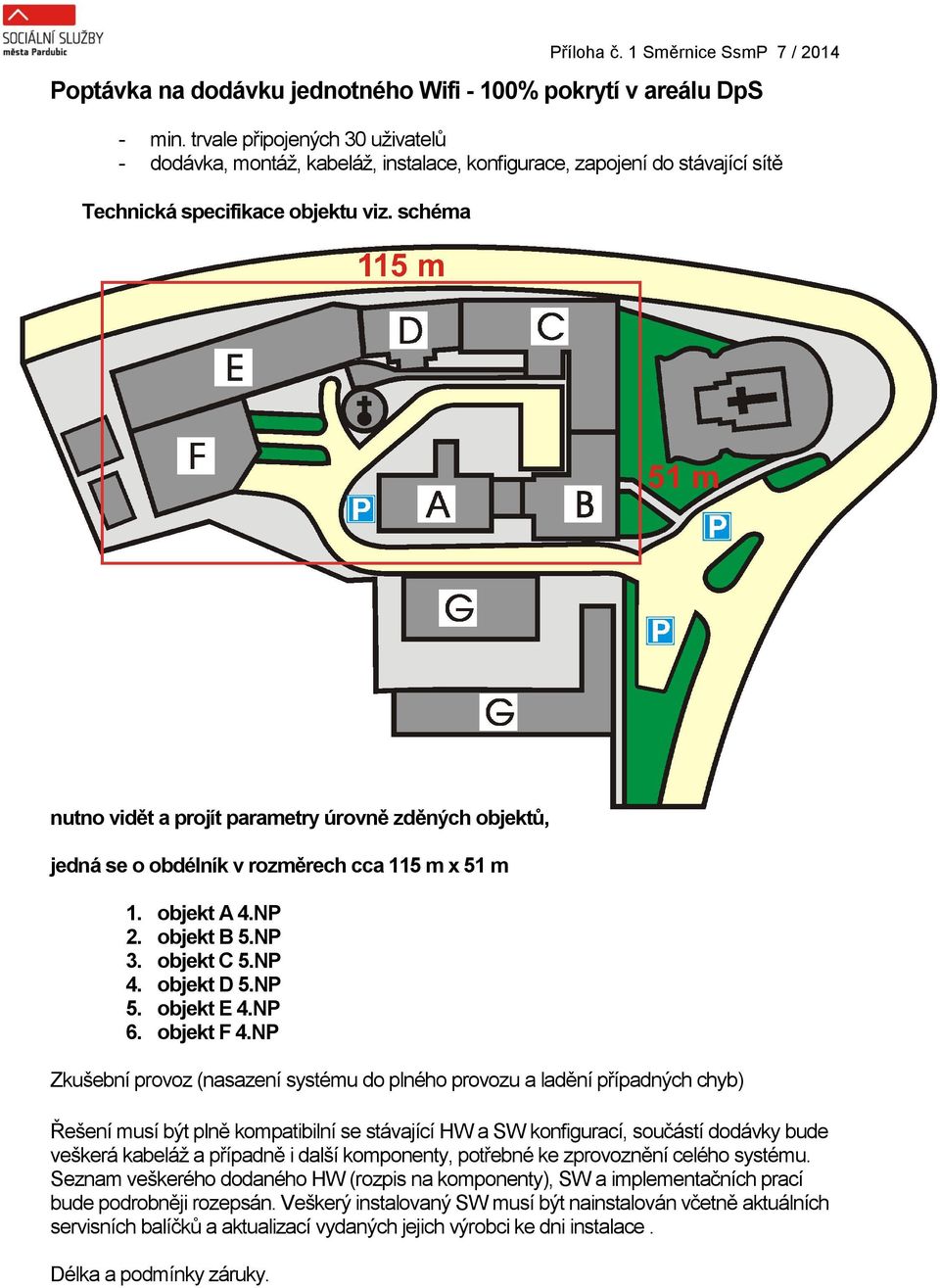 schéma nutno vidět a projít parametry úrovně zděných objektů, jedná se o obdélník v rozměrech cca 115 m x 51 m 1. objekt A 4.NP 2. objekt B 5.NP 3. objekt C 5.NP 4. objekt D 5.NP 5. objekt E 4.NP 6.