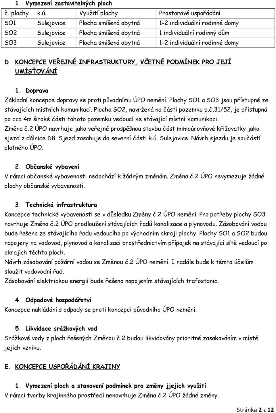 obytná 1-2 individuální rodinné domy D. KONCEPCE VEŘEJNÉ INFRASTRUKTURY, VČETNĚ PODMÍNEK PRO JEJÍ UMÍSŤOVÁNÍ 1. Doprava Základní koncepce dopravy se proti původnímu ÚPO nemění.