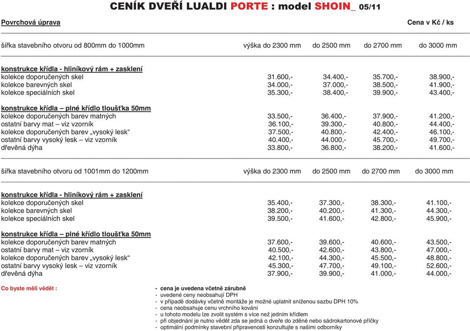 400,- konstrukce kídla plné kídlo tlouška 50mm kolekce doporuených barev matných 33.500,- 36.400,- 37.900,- 41.200,- ostatní barvy mat viz vzorník 36.100,- 39.300,- 40.800,- 44.