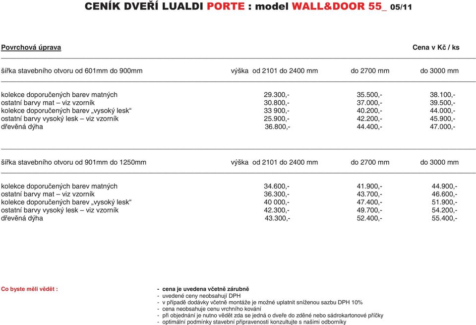 900,- devná dýha 36.800,- 44.400,- 47.000,- šíka stavebního otvoru od 901mm do 1250mm výška od 2101 do 2400 mm do 2700 mm do 3000 mm kolekce doporuených barev matných 34.600,- 41.900,- 44.