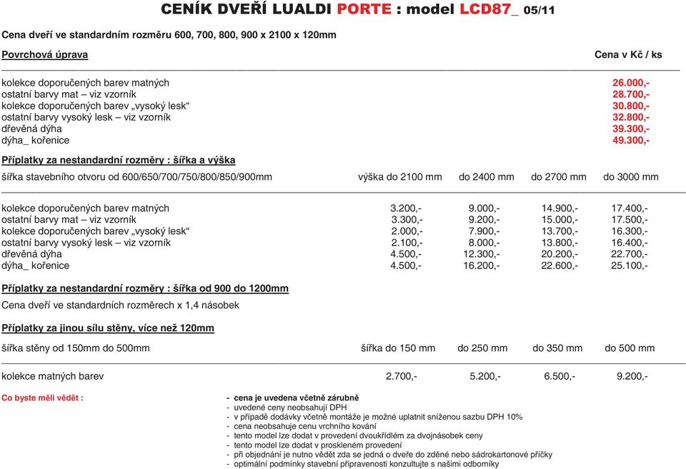 300,- Píplatky za nestandardní rozmry : šíka a výška šíka stavebního otvoru od 600/650/700/750/800/850/900mm výška do 2100 mm do 2400 mm do 2700 mm do 3000 mm kolekce doporuených barev matných 3.