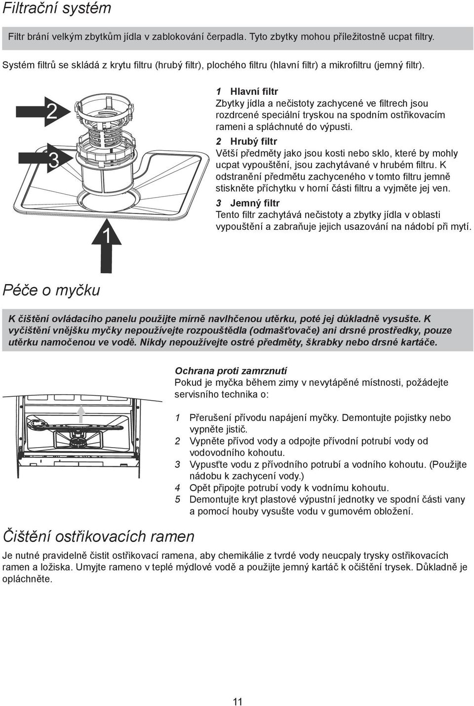 2 3 1 1 Hlavní filtr Zbytky jídla a nečistoty zachycené ve filtrech jsou rozdrcené speciální tryskou na spodním ostřikovacím rameni a spláchnuté do výpusti.