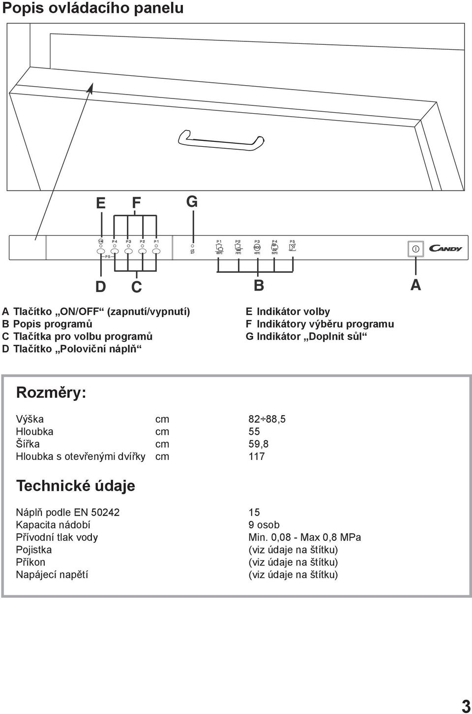 Hloubka cm 55 Šířka cm 59,8 Hloubka s otevřenými dvířky cm 117 Technické údaje Náplň podle EN 50242 15 Kapacita nádobí 9 osob