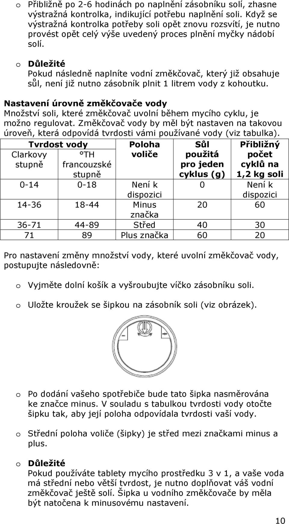 o Důležité Pokud následně naplníte vodní změkčovač, který již obsahuje sůl, není již nutno zásobník plnit 1 litrem vody z kohoutku.