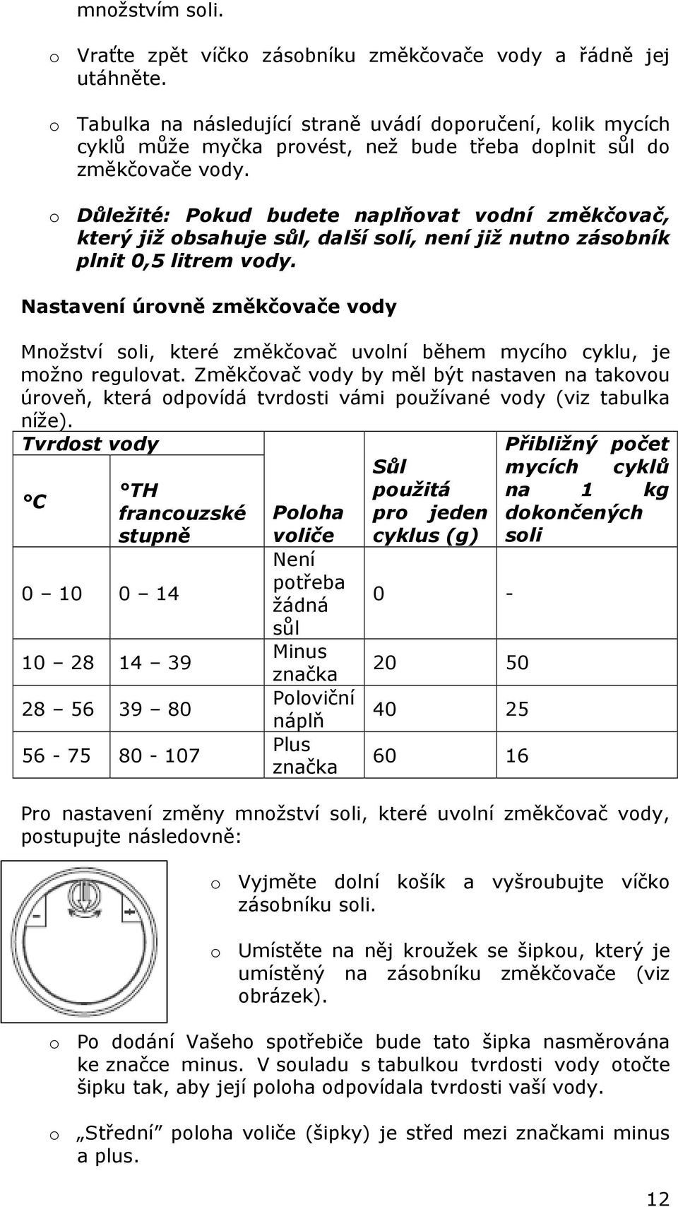 o Důležité: Pokud budete naplňovat vodní změkčovač, který již obsahuje sůl, další solí, není již nutno zásobník plnit 0,5 litrem vody.