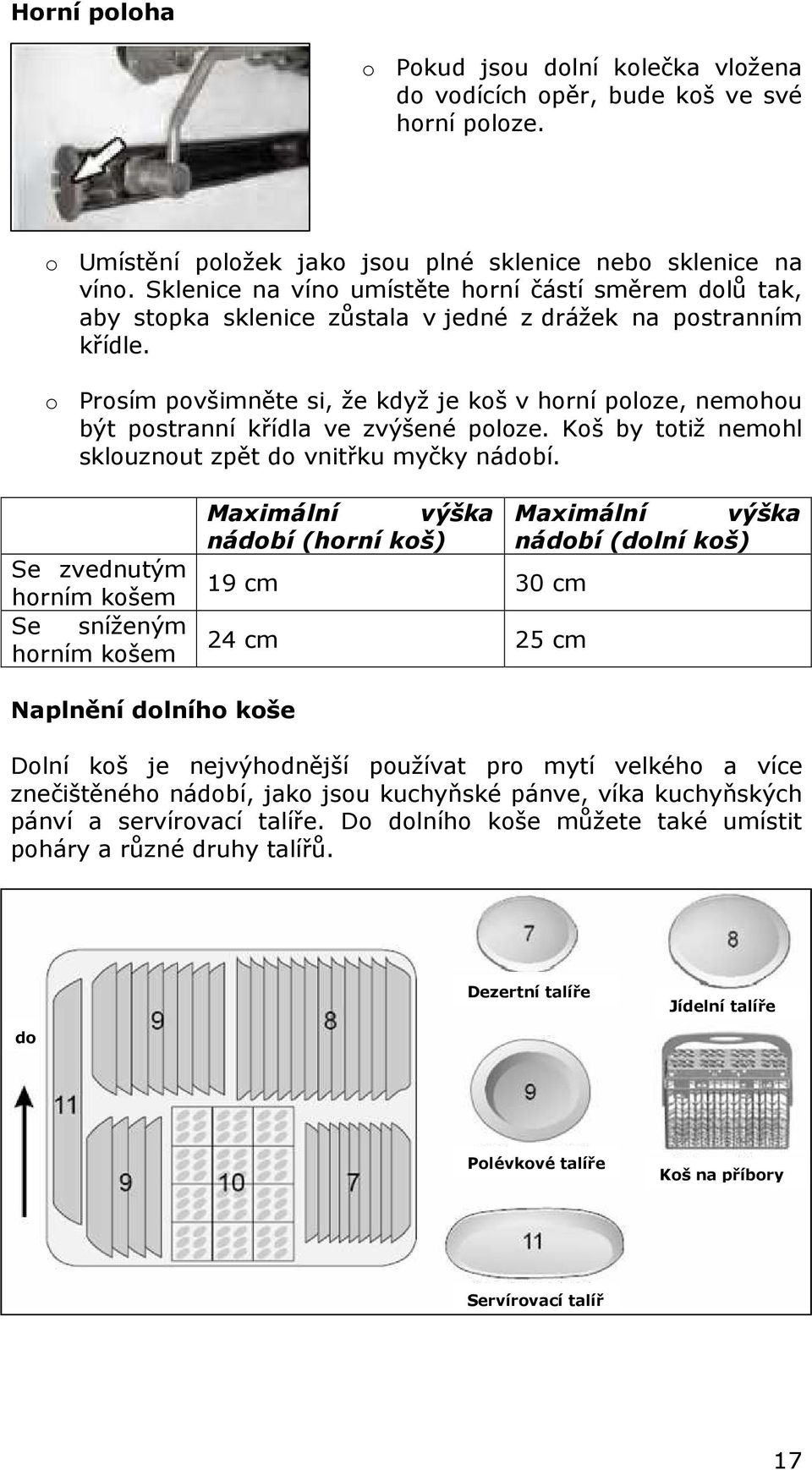 o Prosím povšimněte si, že když je koš v horní poloze, nemohou být postranní křídla ve zvýšené poloze. Koš by totiž nemohl sklouznout zpět do vnitřku myčky nádobí.