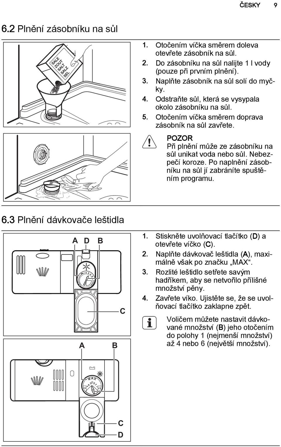 POZOR Při plnění může ze zásobníku na sůl unikat voda nebo sůl. Nebezpečí koroze. Po naplnění zásobníku na sůl jí zabráníte spuštěním programu. 6.3 Plnění dávkovače leštidla A A D B B C 1.
