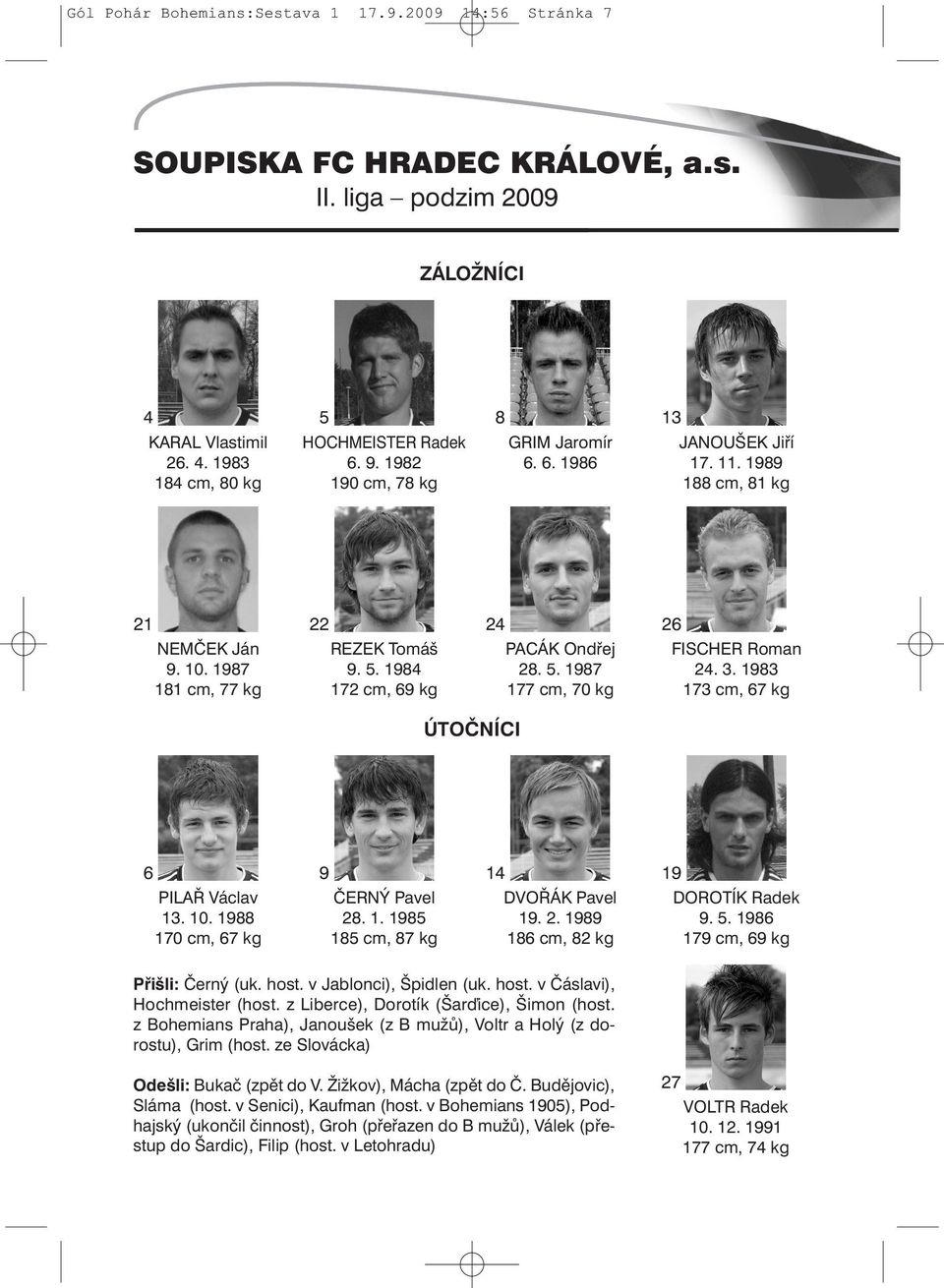 3. 1983 173 cm, 67 kg ÚTOČNÍCI 6 PILAŘ Václav 13. 10. 1988 170 cm, 67 kg 9 ČERNÝ Pavel 28. 1. 1985 185 cm, 87 kg 14 DVOŘÁK Pavel 19. 2. 1989 186 cm, 82 kg 19 DOROTÍK Radek 9. 5.