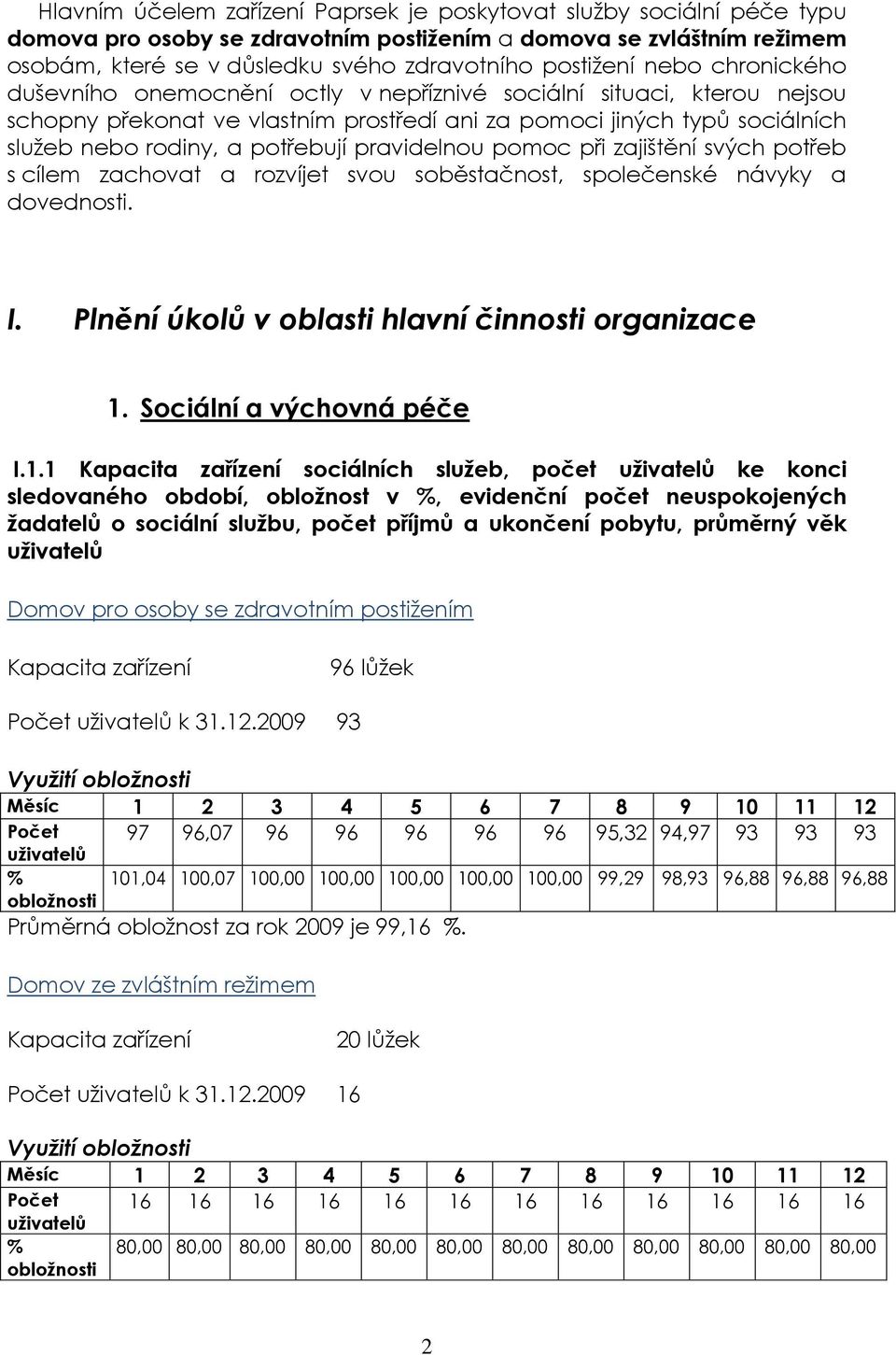 pravidelnou pomoc při zajištění svých potřeb s cílem zachovat a rozvíjet svou soběstačnost, společenské návyky a dovednosti. I. Plnění úkolů v oblasti hlavní činnosti organizace 1.